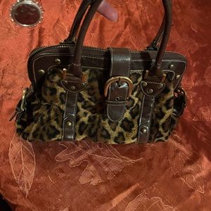 Vintage 1990 Leopard bag/leather trim brass hardware embellishments. PRELOVED